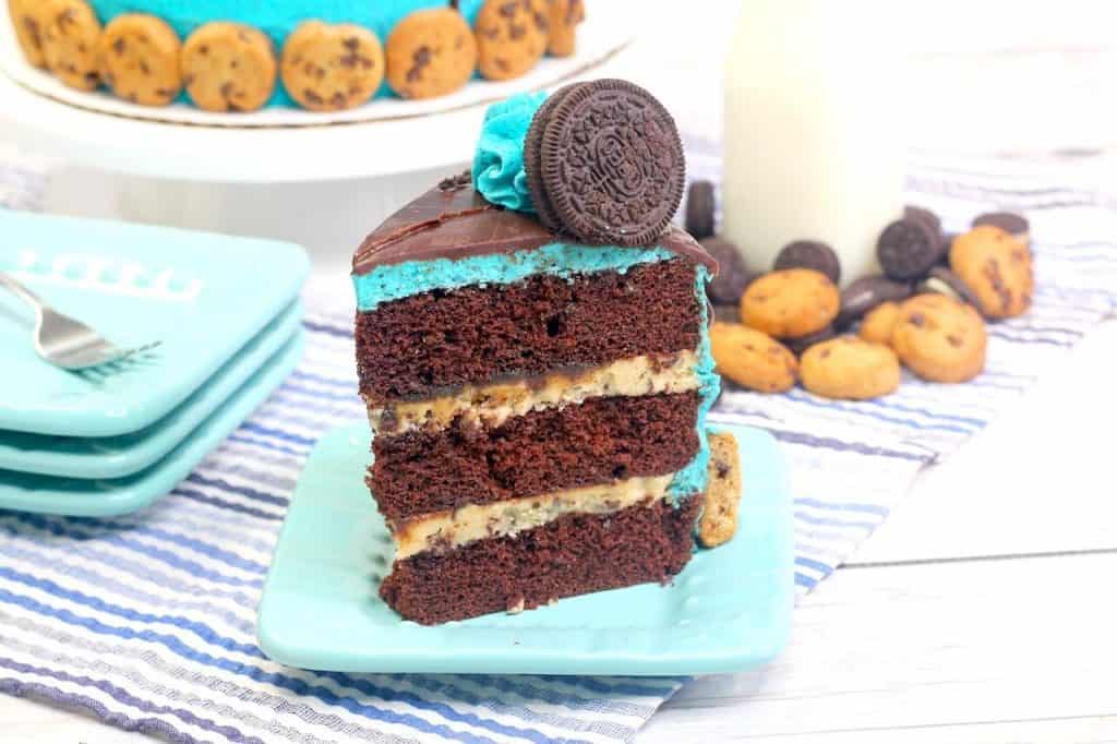 cut slice of cake with cookie dough filling