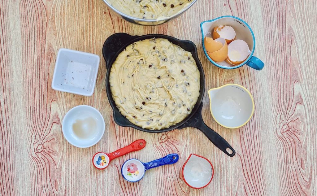 cookie dough in skillet. 