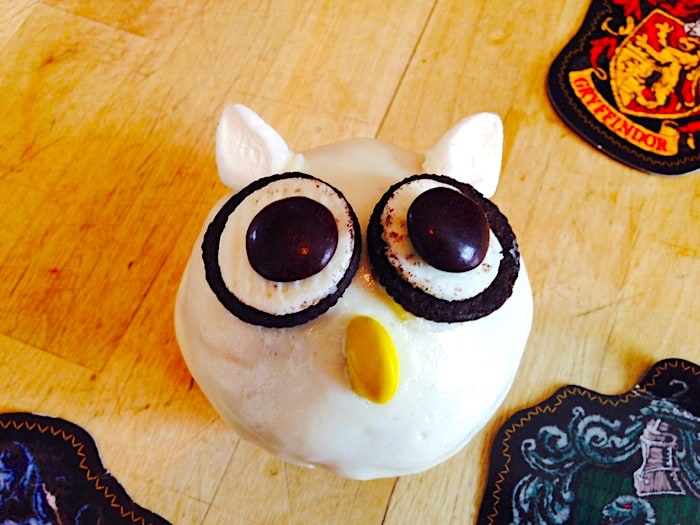 Close up of Harry Potter Owl Cupcake.