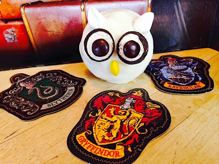 Harry Potter owl cupcake with patches around it.