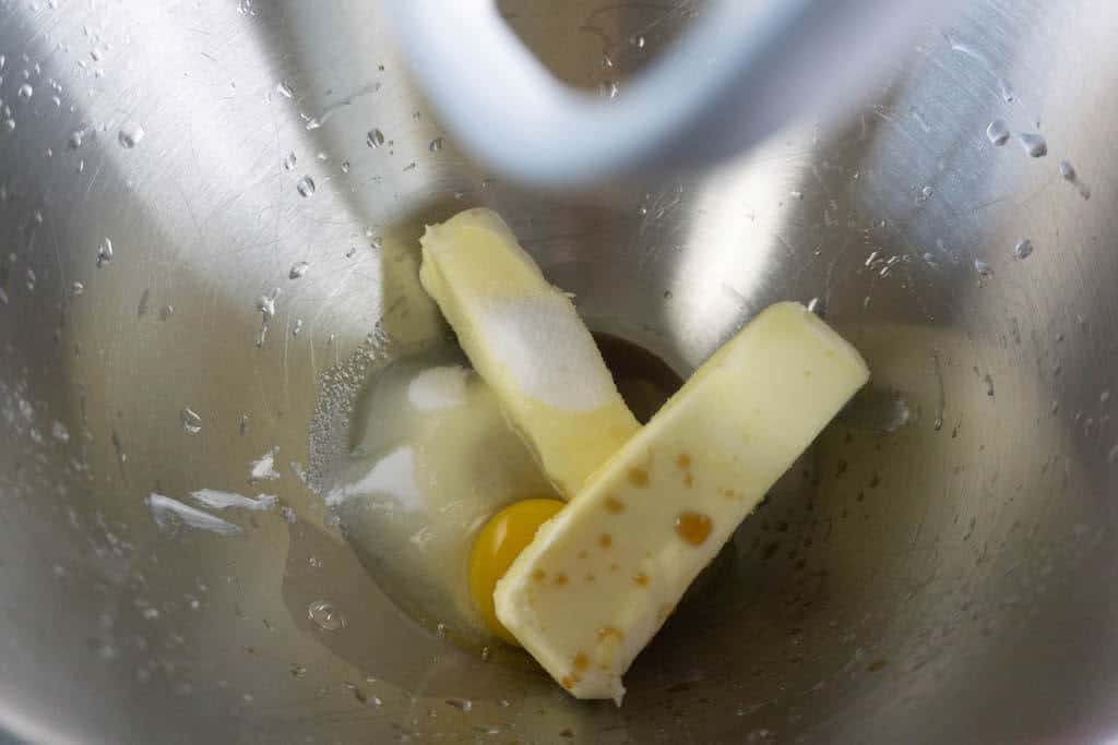 butter and egg in a mixing bowl.