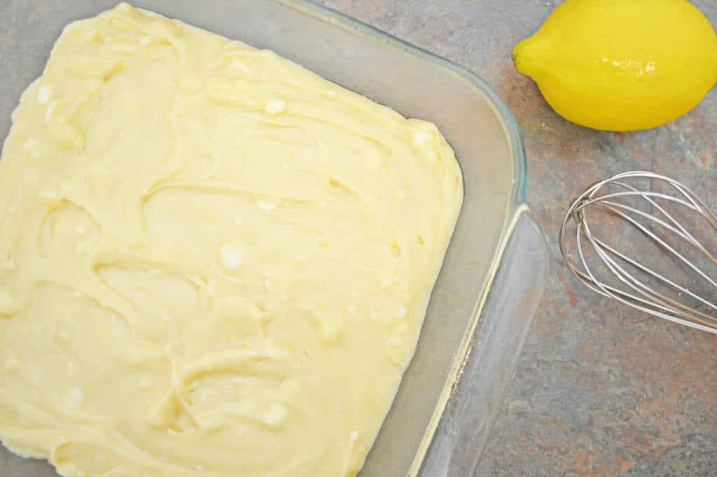 Lemon Brownies mix in an oven dish.