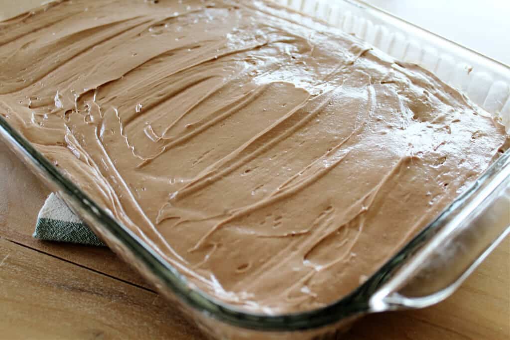 brownies in pan with French silk pie on top.