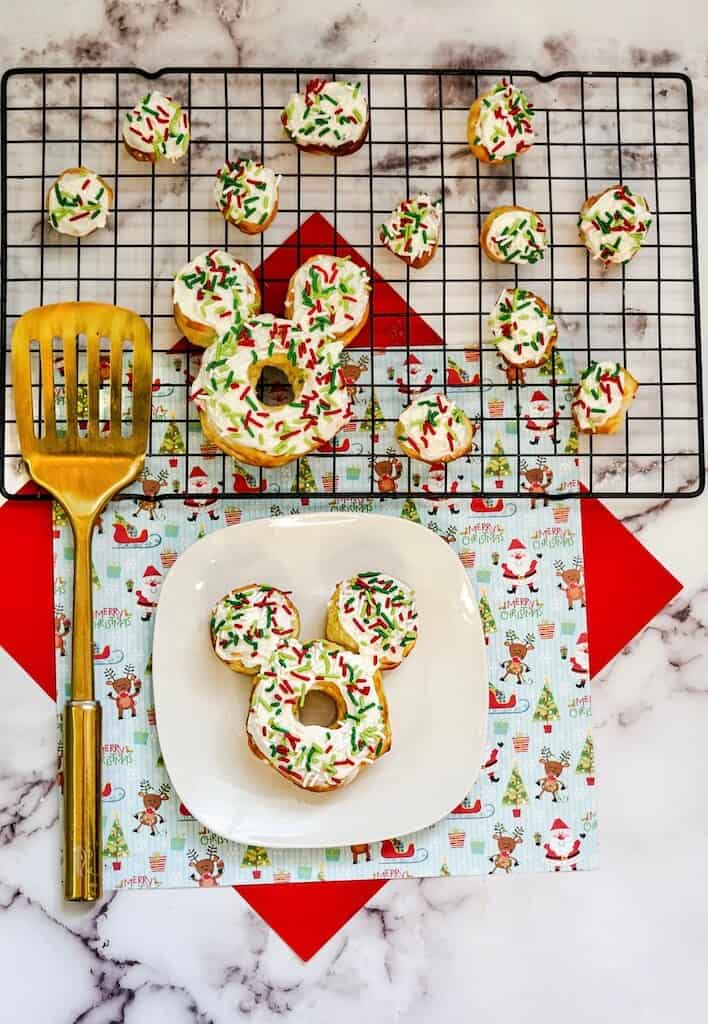 3 Christmas Mickey Donuts on white plate