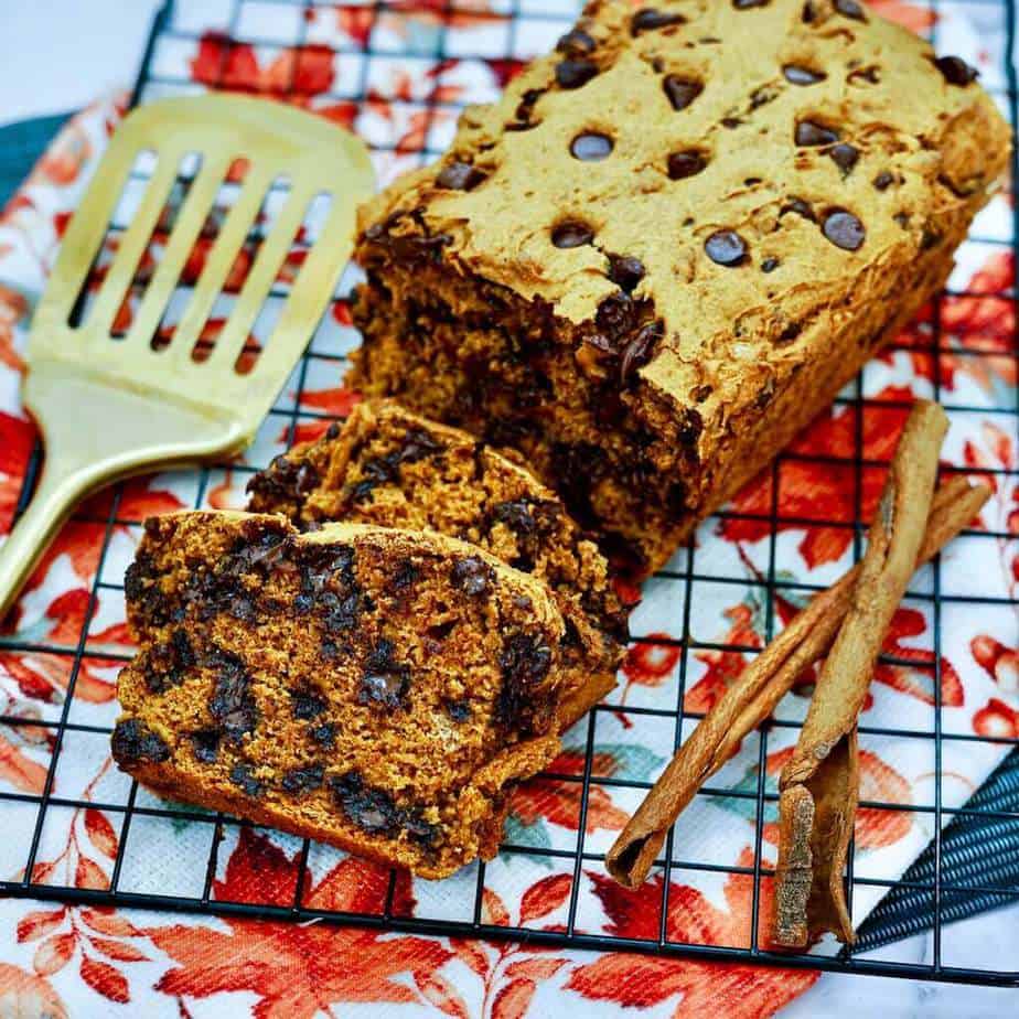 3 Ingredient Chocolate Chip Pumpkin Bread on a cooling rack.