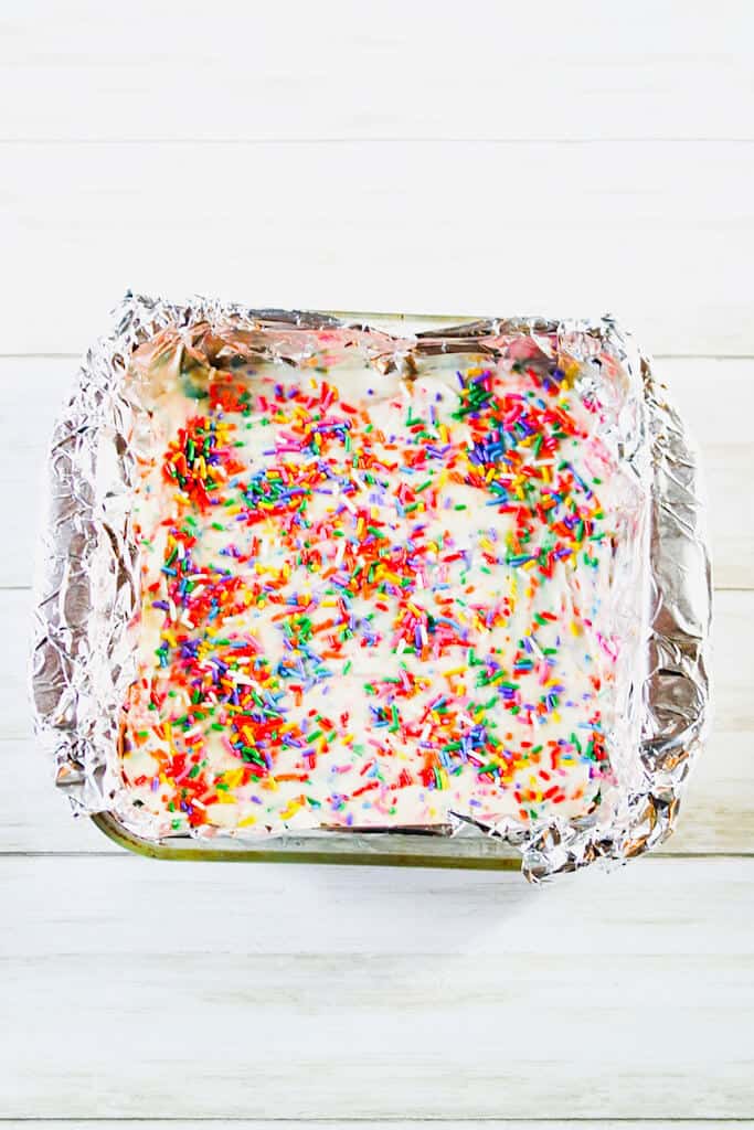 birthday cake fudge in a pan.