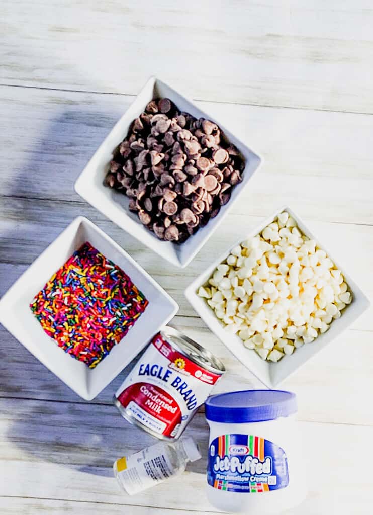 Ingredients for funfetti fudge laid out on table.