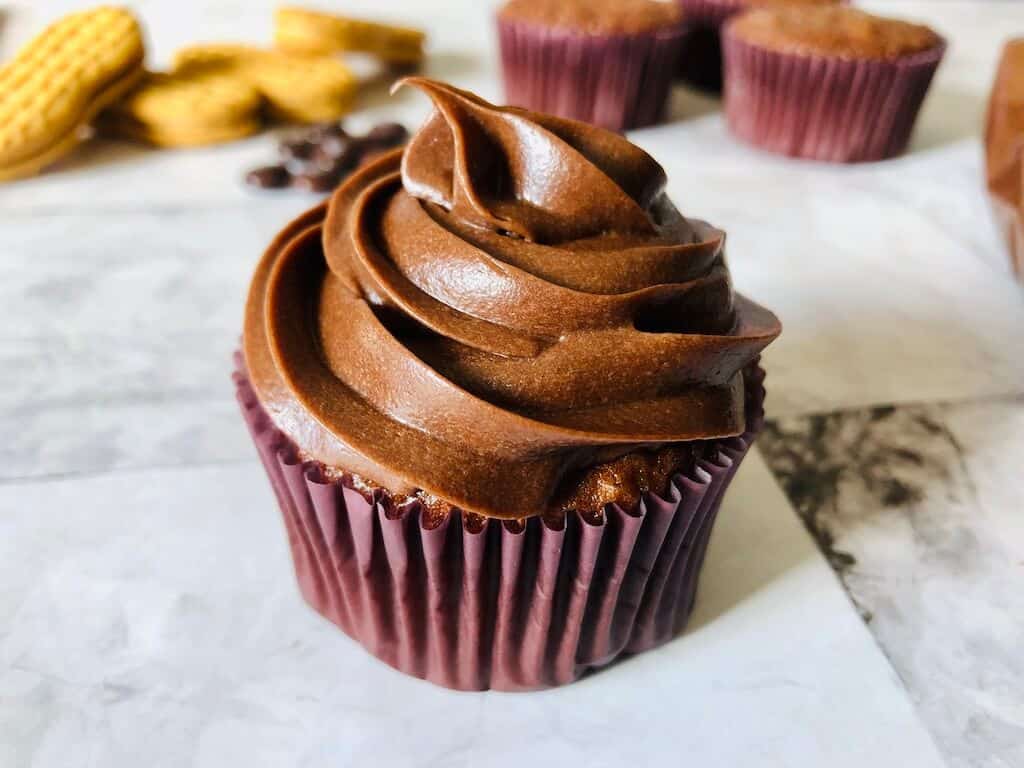 chocolate cupcake with chocolate frosting piped on top.