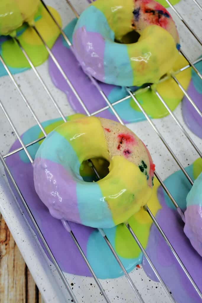 colorful donuts with tie dye frosting.