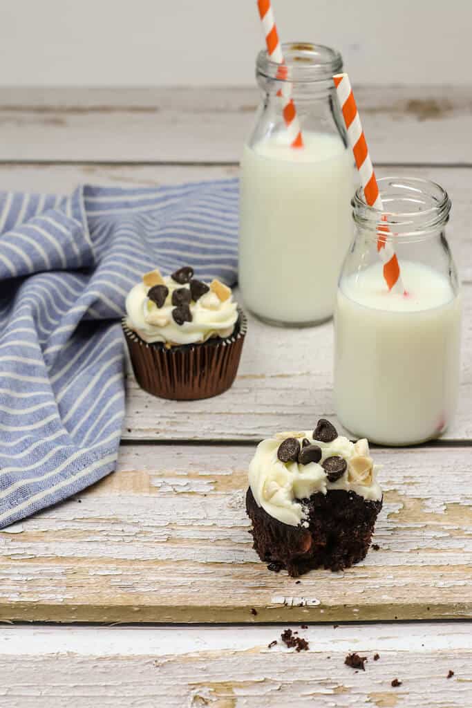 Hot fudge cupcakes with chocolate chips.