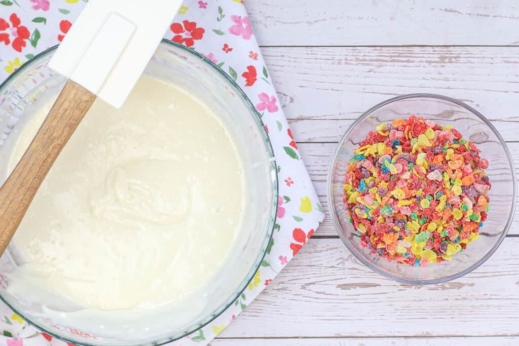 Creamy ingredients for making fruit pebble cupcakes